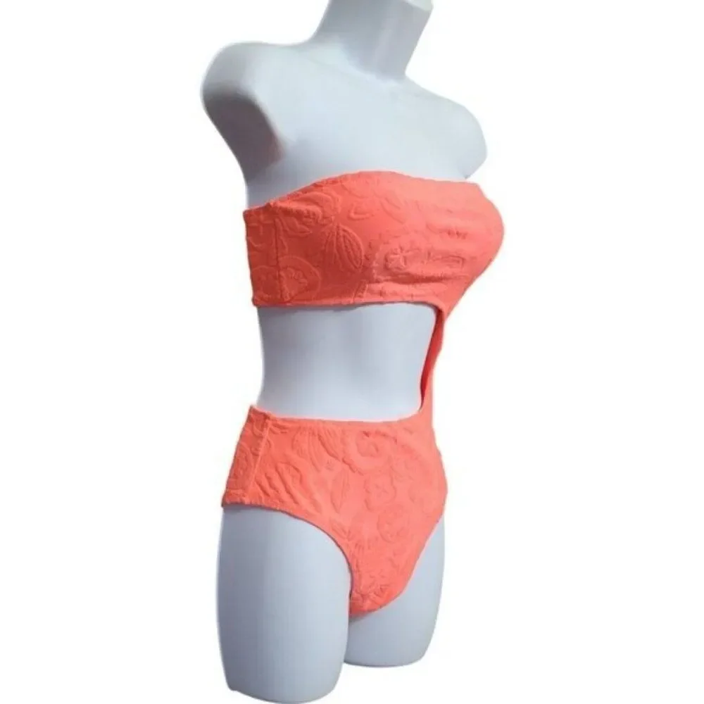 Aerie Terry Cut Out Strapless Neon‎ Orange One Piece Swimsuit S